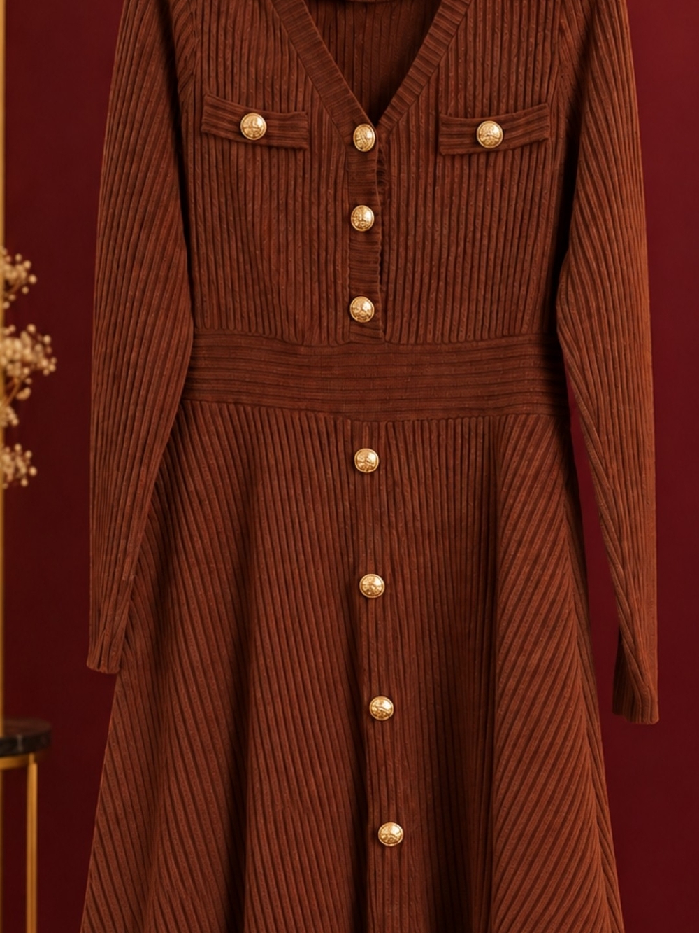 Girls' Long-Sleeve Corduroy Brown Button-Front Dress